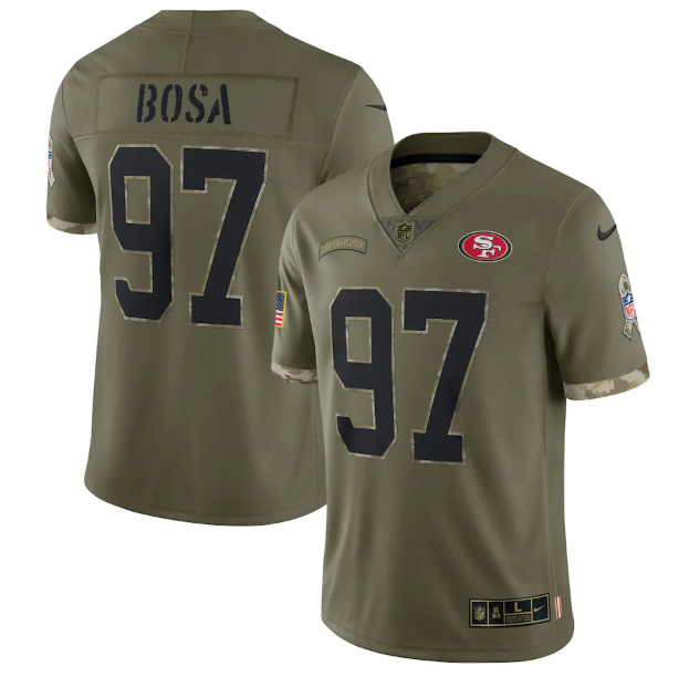 Men's San Francisco 49ers #97 Nick Bosa Olive 2022 Salute To Service Limited Stitched Jersey